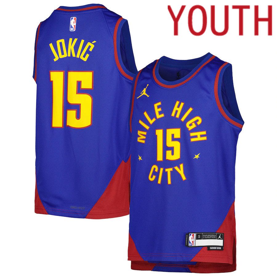 Youth Denver Nuggets 15 Nikola Jokic Jordan Brand Blue Statement Edition 2022-23 Swingman NBA Jersey